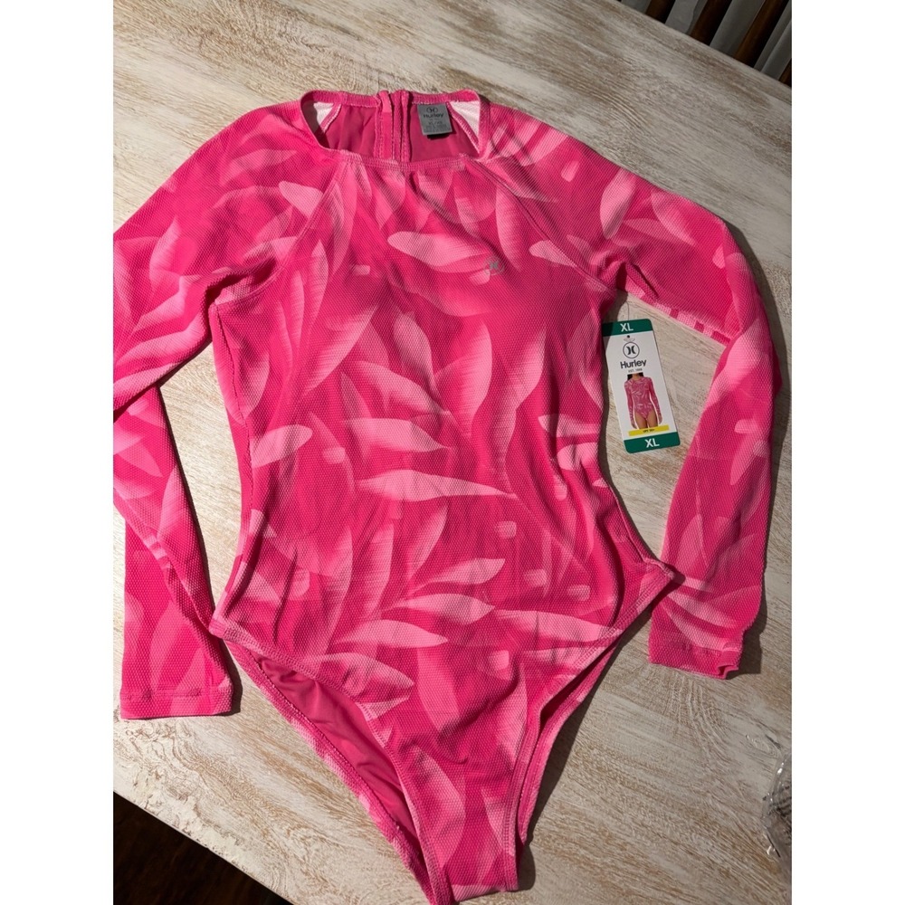 NWT Hurley Womens Pink Long Sleeve One Piece Rash Guard UPF 50+ XL 1900590